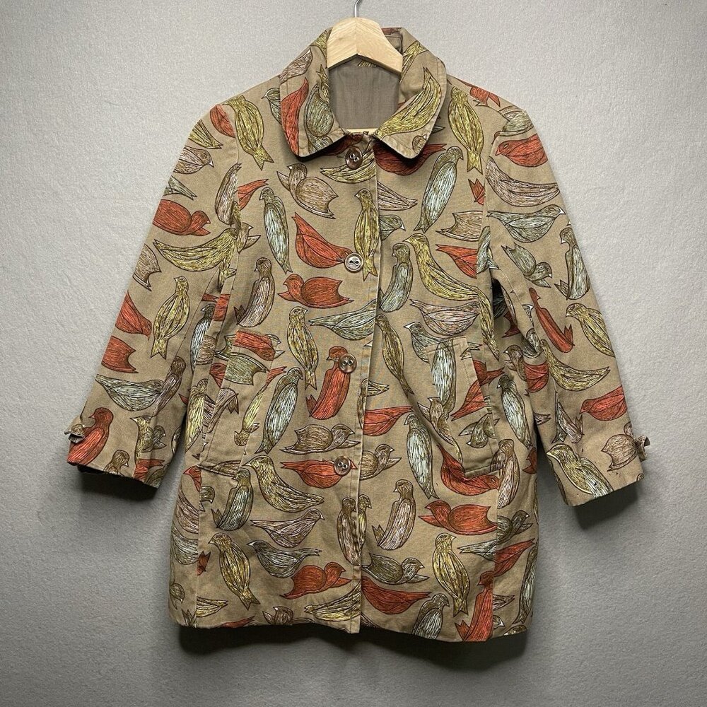 All Over Bird Pigeon Design Coat Jacket Khaki Multicolor S